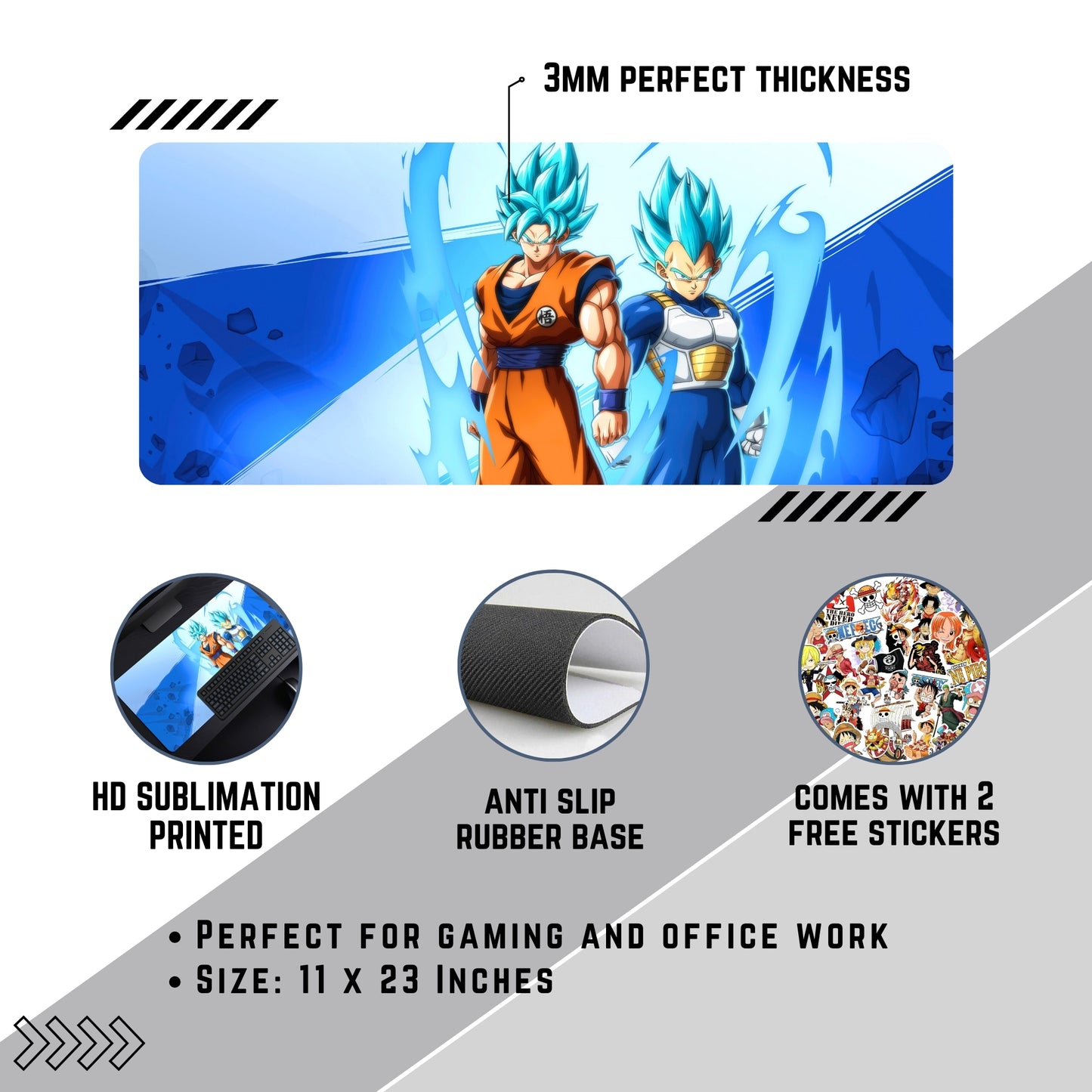 DRAGON BALL Z - GOKU & VEGETA MOUSE PAD (23 X 11 INCHES) - GAMING MOUSE PAD | RUBBER BASE DESK MAT