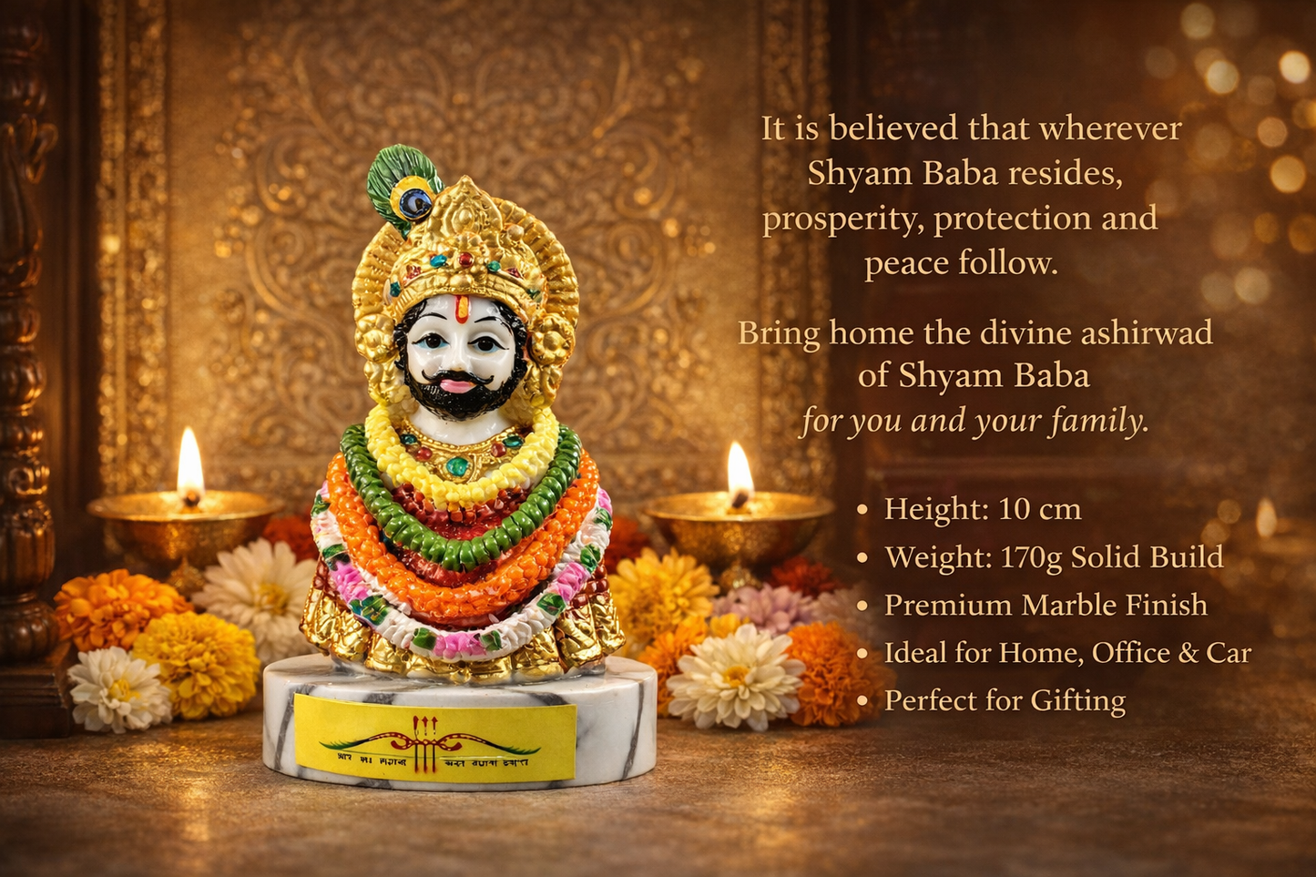 Khatu Shyam Ji Idol 10 cm - Premium Marble Finish Murti | Auspicious Gift for Home, Temple, Car Dashboard & Festive Gifting