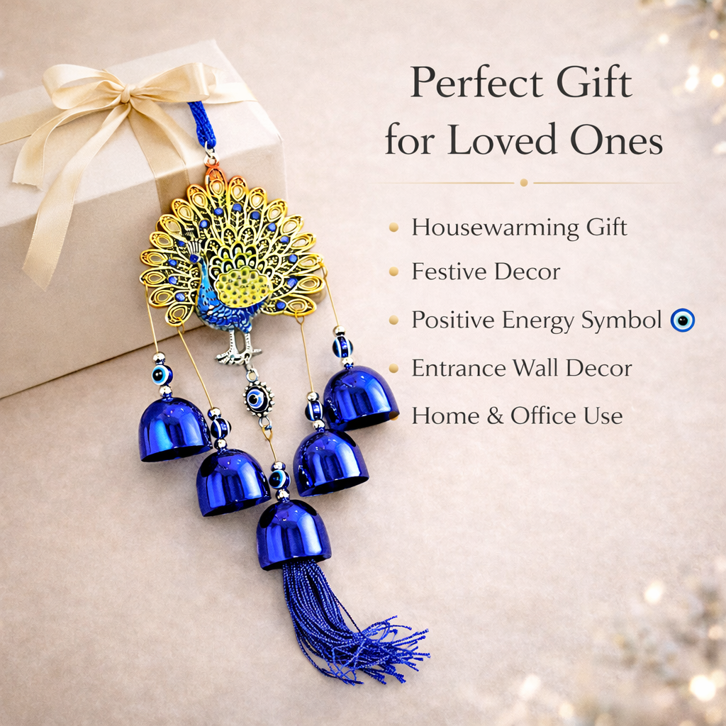 Peacock Evil Eye Hanging with Bells – Blue Nazar Protection Wall & Door Decor | Vastu Home Decoration