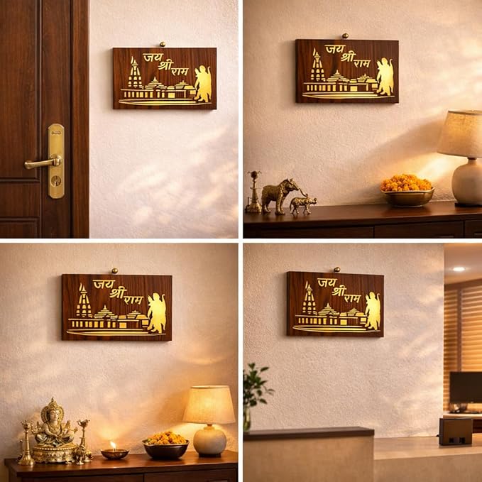 Jai Shri Ram Ayodhya Mandir Wooden Wall Décor - Spiritual LED Style Temple Art