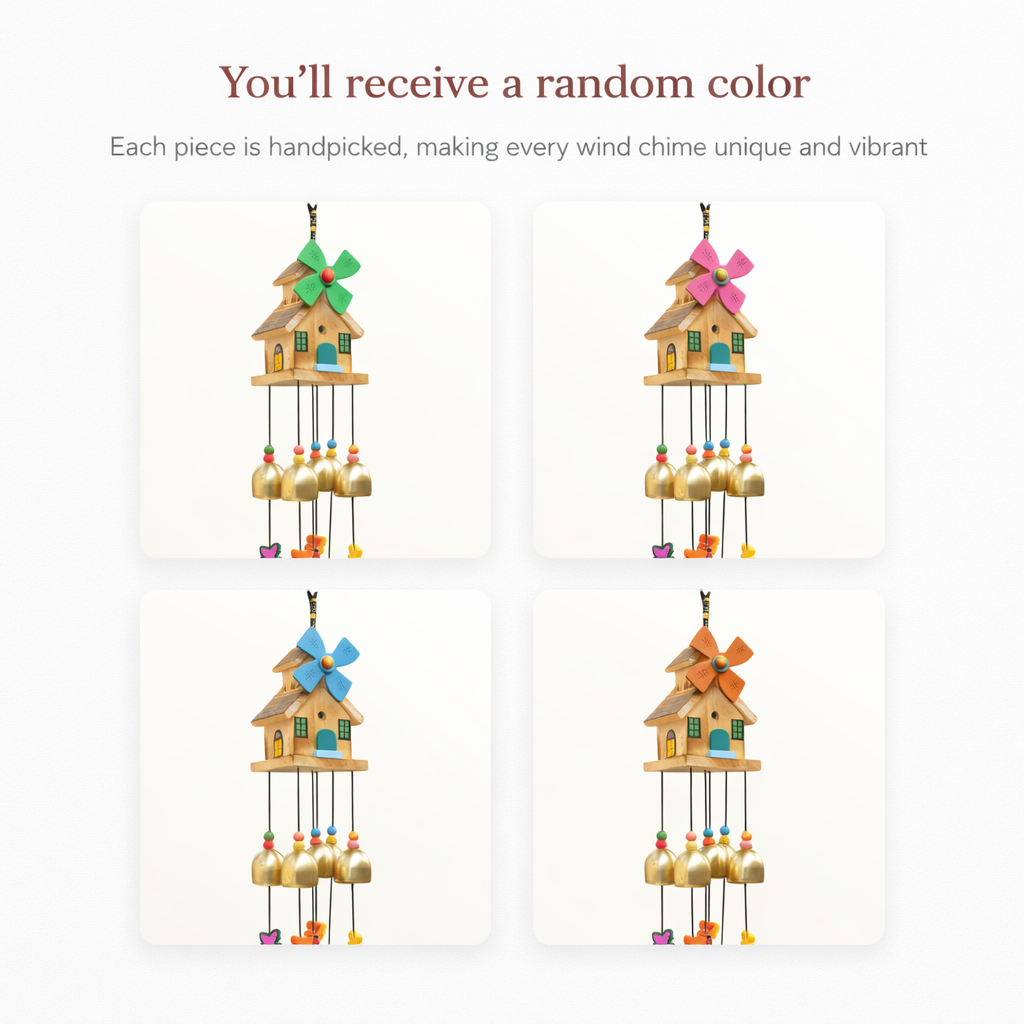 Wooden Windmill House Wind Chime with Golden Bells – Decorative Hanging for Home, Balcony & Garden Decor