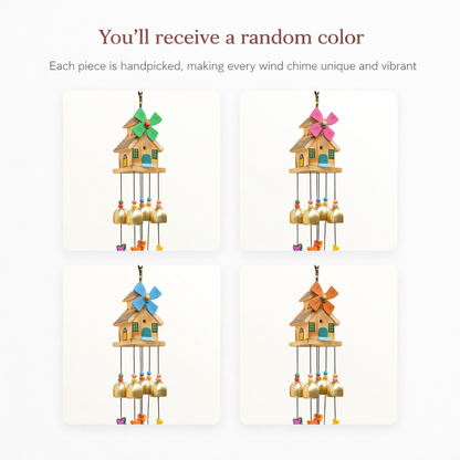 Wooden Windmill House Wind Chime with Golden Bells – Decorative Hanging for Home, Balcony & Garden Decor