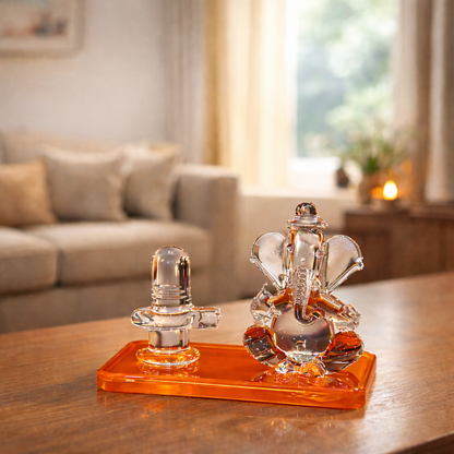 Crystal Lord Ganesha with Shivling Idol - Spiritual Showpiece for Home Temple, Car Dashboard & Office – Vastu Positive Energy Decorative Gift (Transparent Glass Finish)