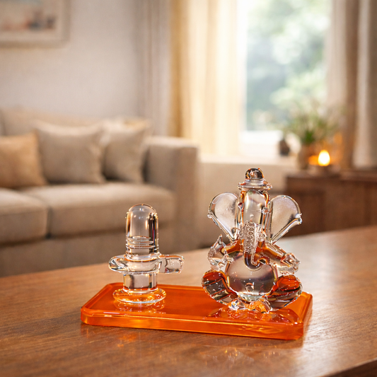 Crystal Lord Ganesha with Shivling Idol - Spiritual Showpiece for Home Temple, Car Dashboard & Office – Vastu Positive Energy Decorative Gift (Transparent Glass Finish)