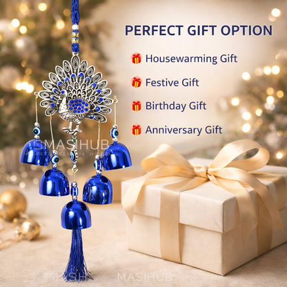 Peacock Evil Eye Hanging Wind Chime with Bells – Silver & Blue Nazar Protection Wall & Door Decor | Vastu Home Decoration