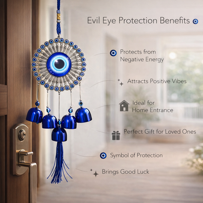 Evil Eye Door Hanging with Bells – Blue Nazar Protection Wall Decor | Vastu Home Decoration Hanging