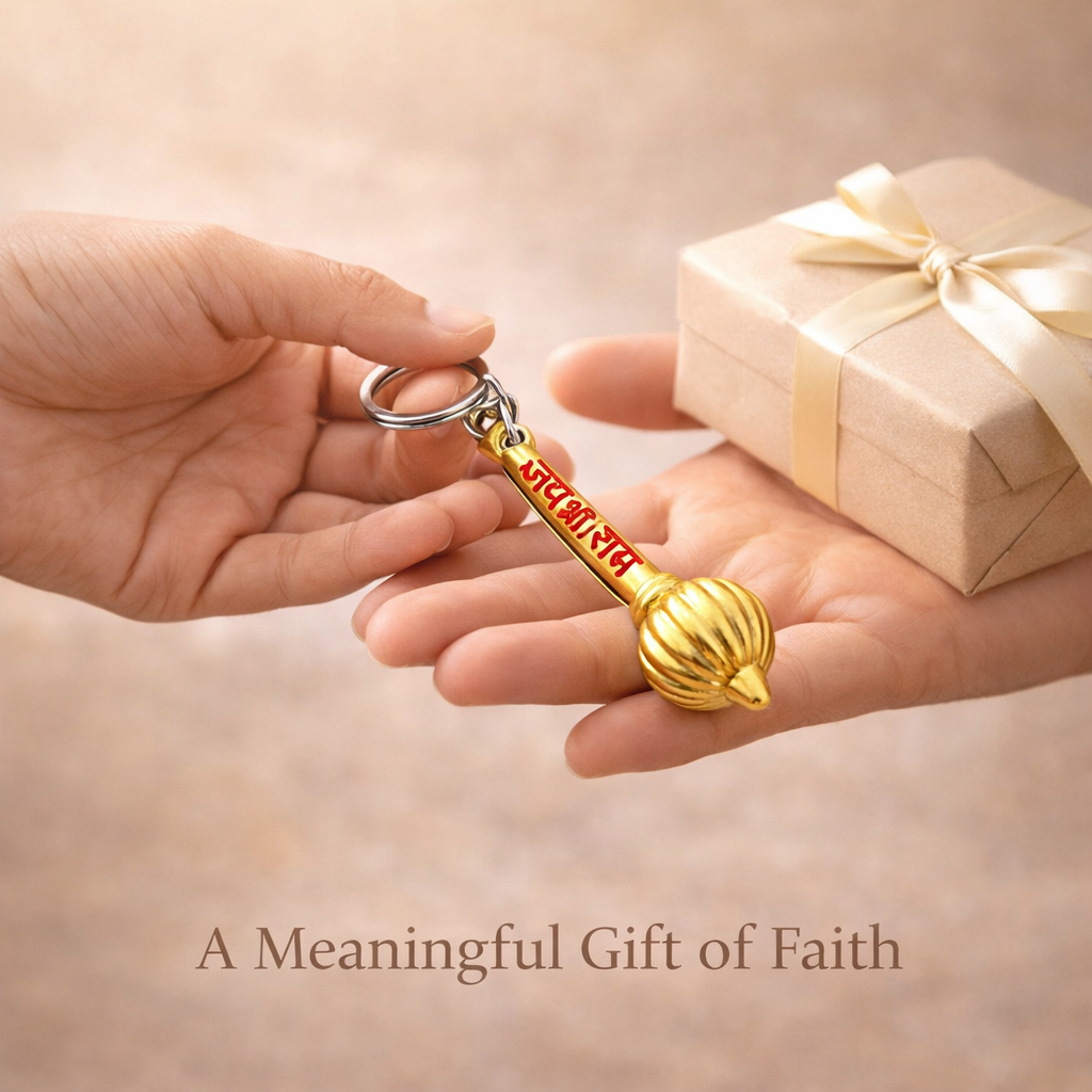 Jai Shri Ram Gada Keychain – Golden Hanuman Gada Key Ring for Car, Bike & Keys | Religious Gift