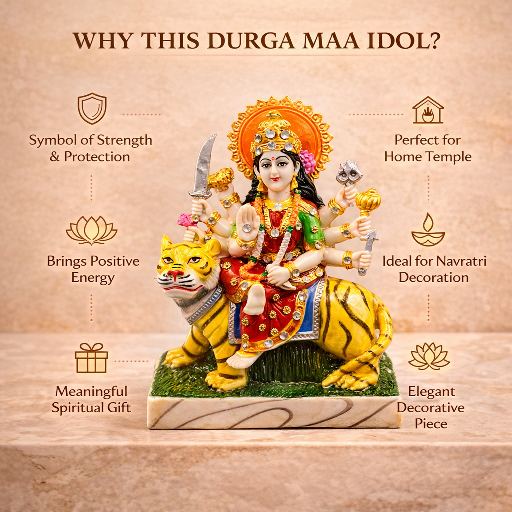Durga Maa Idol Sitting on Tiger - Murti for Home Temple, Navratri Puja, Office Desk & Spiritual Gift (510 g)
