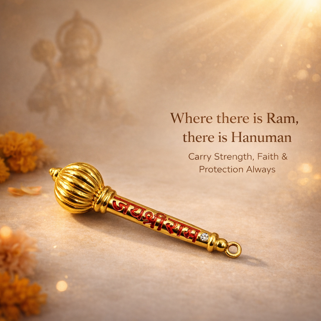 Jai Shree Ram Hanuman Gada Hanging - Golden Spiritual Vastu Door Decor for Home Entrance, Pooja Room & Positive Energy Protection