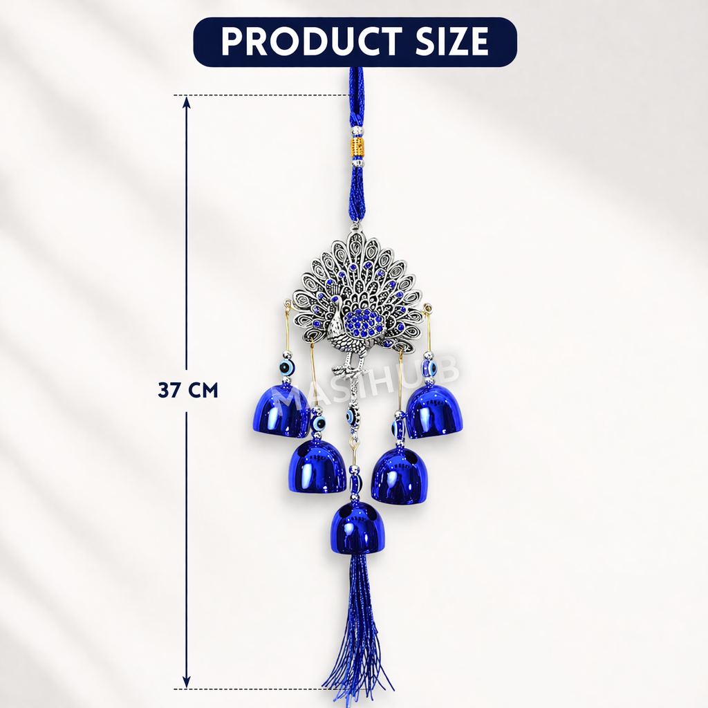 Peacock Evil Eye Hanging Wind Chime with Bells – Silver & Blue Nazar Protection Wall & Door Decor | Vastu Home Decoration
