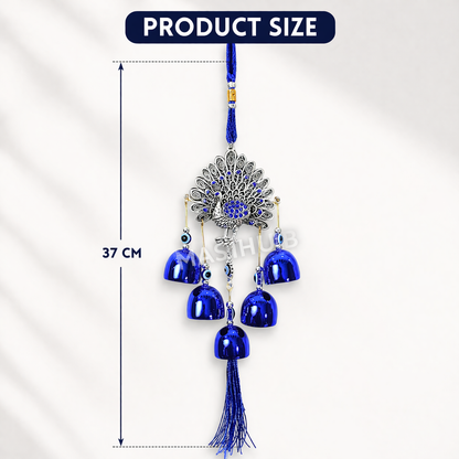 Peacock Evil Eye Hanging Wind Chime with Bells – Silver & Blue Nazar Protection Wall & Door Decor | Vastu Home Decoration