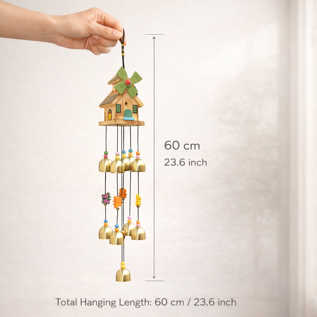 Wooden Windmill House Wind Chime with Golden Bells – Decorative Hanging for Home, Balcony & Garden Decor