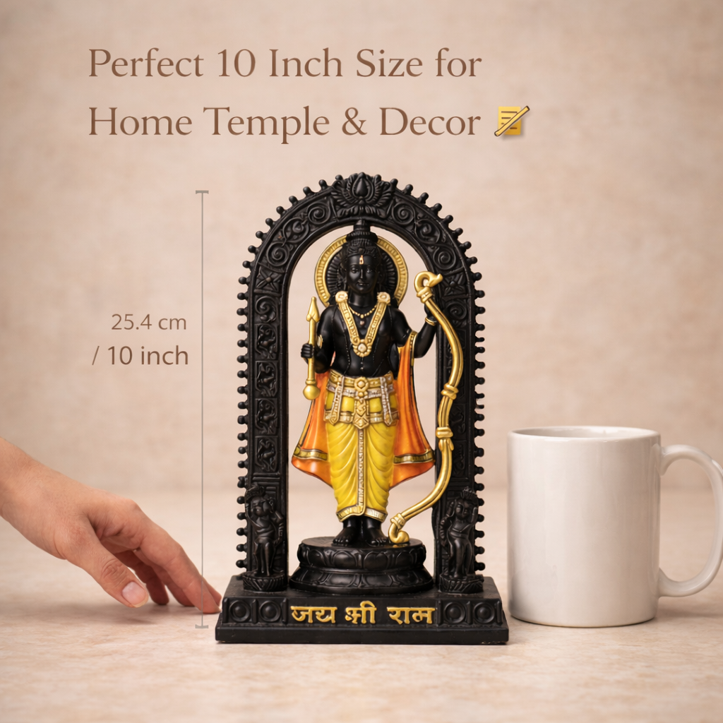 Shri Ram Idol with Bow Arch - 10 Inch Premium Resin Murti | Matte Black Finish with Gold & Red Accents
