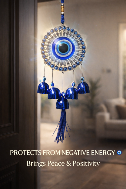 Evil Eye Door Hanging with Bells – Blue Nazar Protection Wall Decor | Vastu Home Decoration Hanging