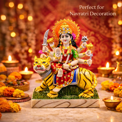 Durga Maa Idol Sitting on Tiger - Murti for Home Temple, Navratri Puja, Office Desk & Spiritual Gift (510 g)