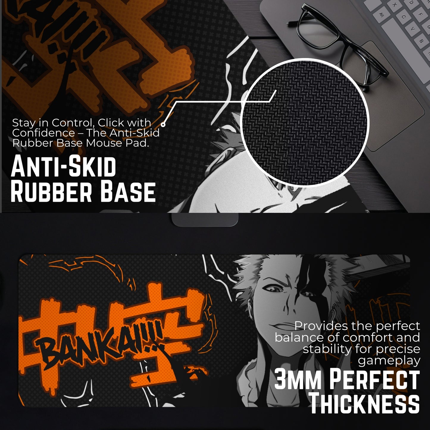 (BLEACH) ICHIGO KUROSAKI PREMIUM EDITION DESK MAT (31 X 12 INCHES) - GAMING MOUSE PAD | RUBBER BASE DESK MAT
