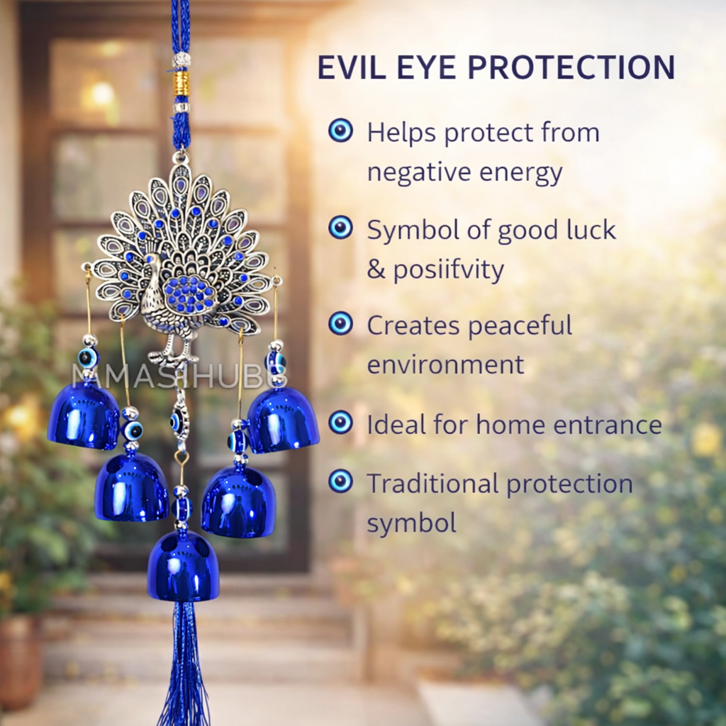 Peacock Evil Eye Hanging Wind Chime with Bells – Silver & Blue Nazar Protection Wall & Door Decor | Vastu Home Decoration