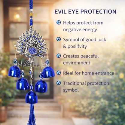 Peacock Evil Eye Hanging Wind Chime with Bells – Silver & Blue Nazar Protection Wall & Door Decor | Vastu Home Decoration