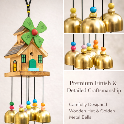 Wooden Windmill House Wind Chime with Golden Bells – Decorative Hanging for Home, Balcony & Garden Decor