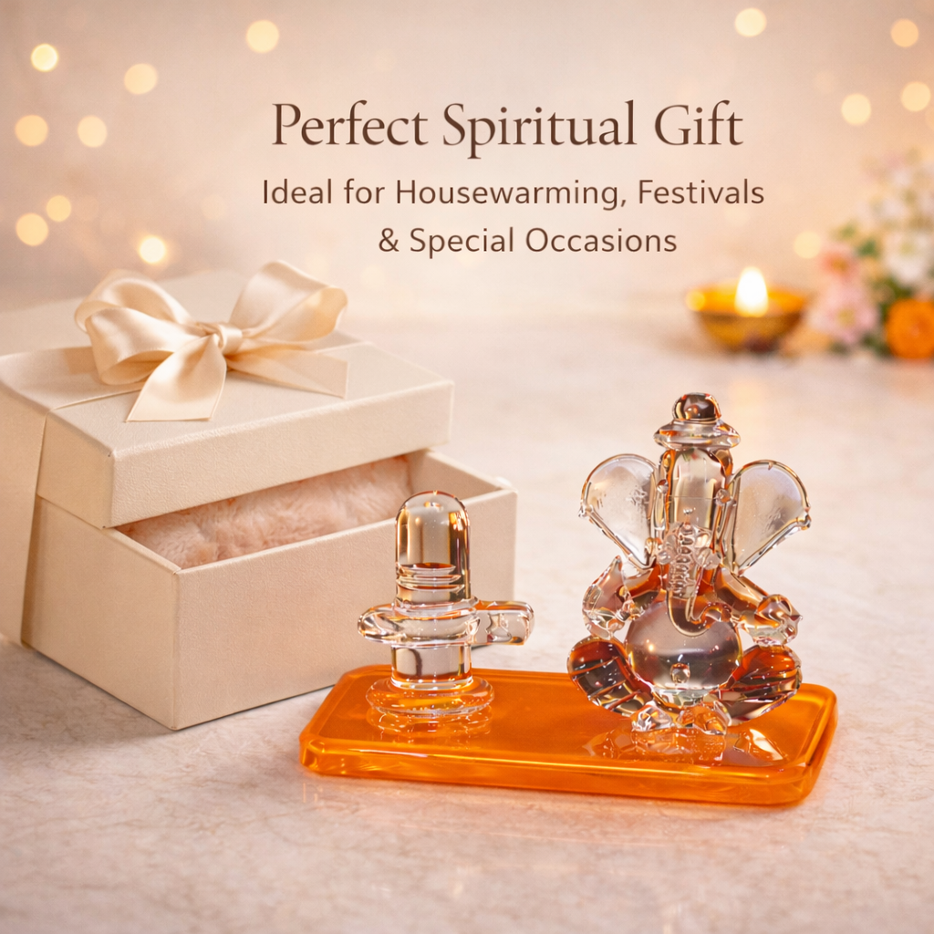 Crystal Lord Ganesha with Shivling Idol - Spiritual Showpiece for Home Temple, Car Dashboard & Office – Vastu Positive Energy Decorative Gift (Transparent Glass Finish)