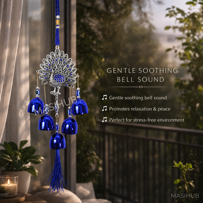 Peacock Evil Eye Hanging Wind Chime with Bells – Silver & Blue Nazar Protection Wall & Door Decor | Vastu Home Decoration