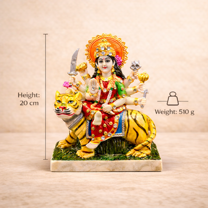 Durga Maa Idol Sitting on Tiger - Murti for Home Temple, Navratri Puja, Office Desk & Spiritual Gift (510 g)