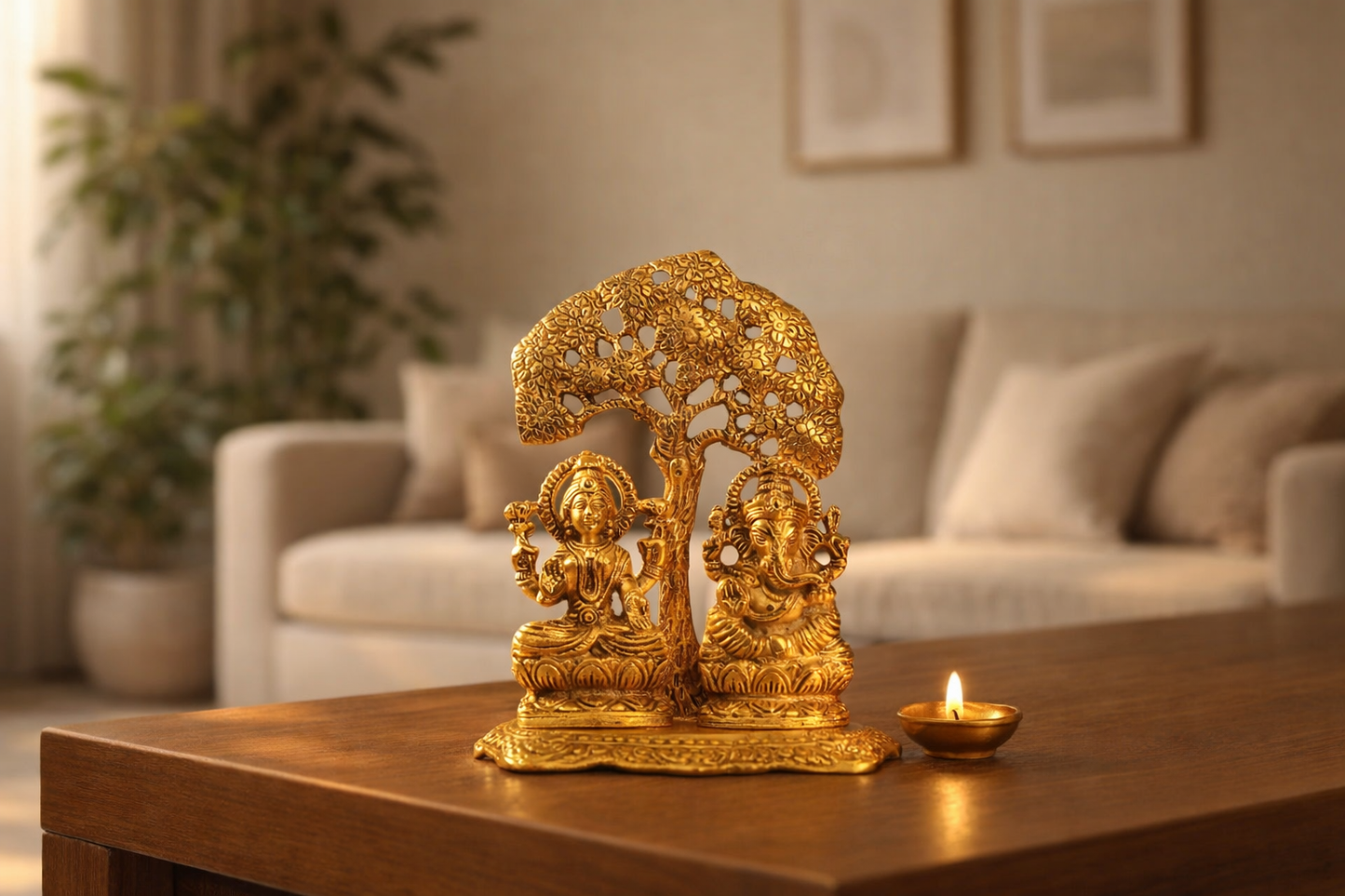 Lakshmi Ganesh Under Tree Idol – Golden Finish Vastu Spiritual Showpiece