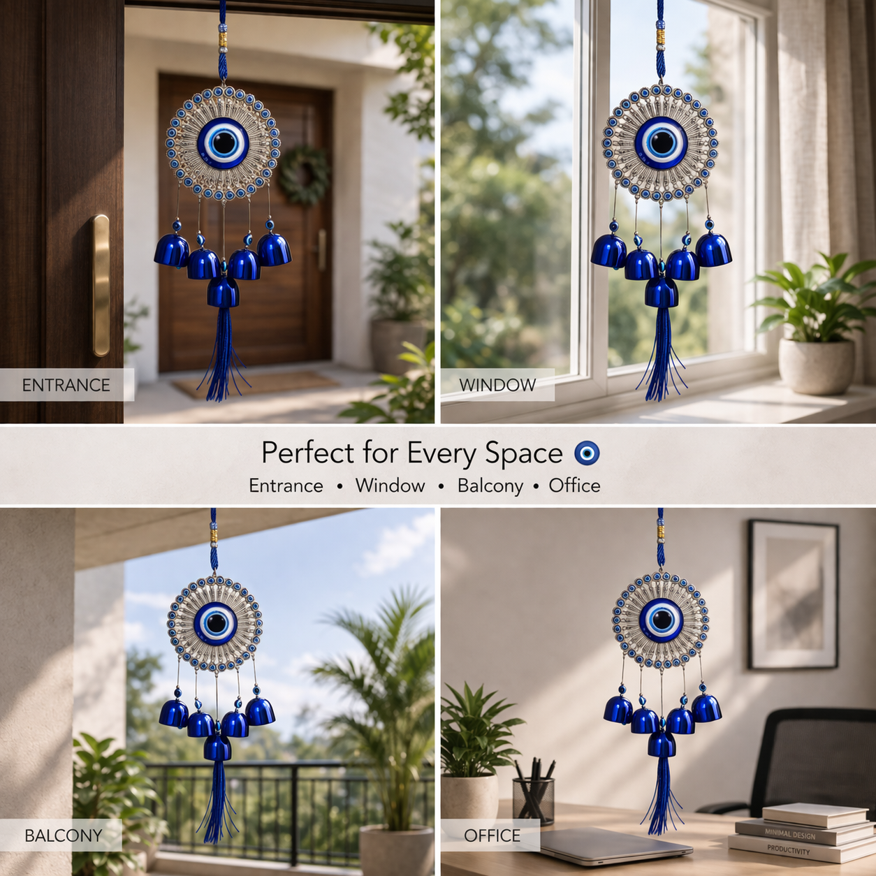 Evil Eye Door Hanging with Bells – Blue Nazar Protection Wall Decor | Vastu Home Decoration Hanging