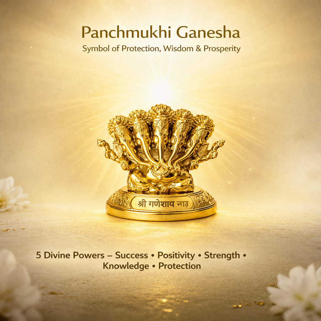 Panchmukhi Ganesh Idol – Golden Finish Decorative Ganpati Murti for Home, Office & Car Dashboard | Resin Spiritual Showpiece