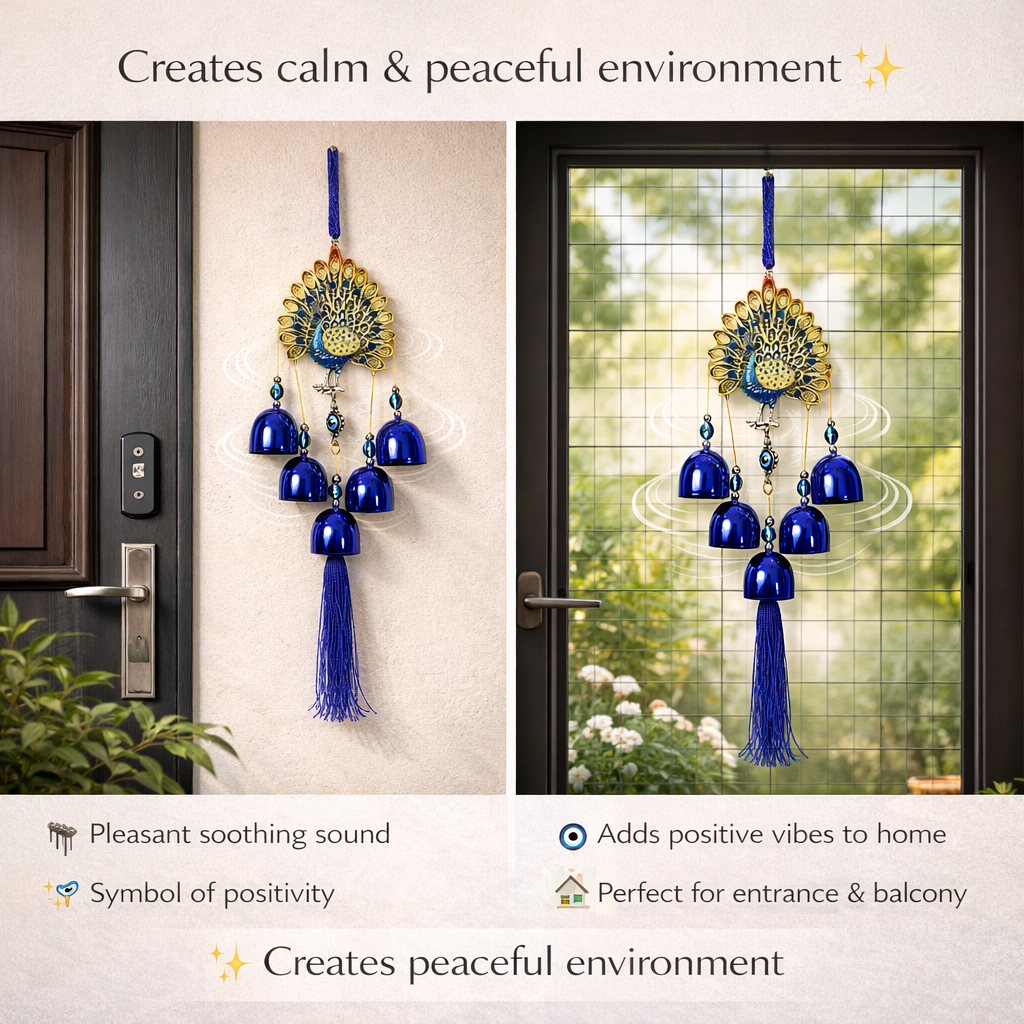 Peacock Evil Eye Hanging with Bells – Blue Nazar Protection Wall & Door Decor | Vastu Home Decoration