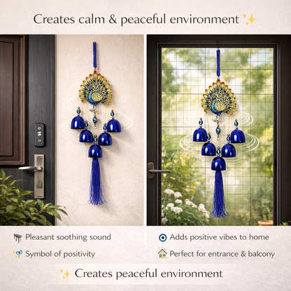 Peacock Evil Eye Hanging with Bells – Blue Nazar Protection Wall & Door Decor | Vastu Home Decoration