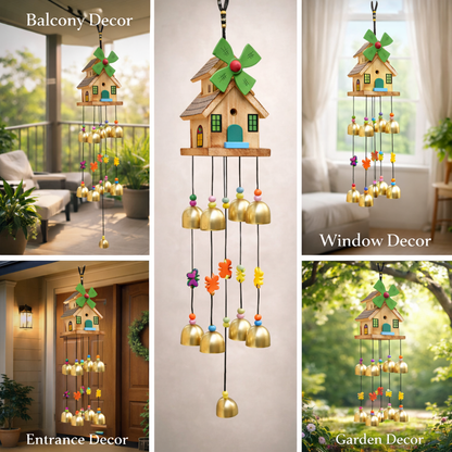 Wooden Windmill House Wind Chime with Golden Bells – Decorative Hanging for Home, Balcony & Garden Decor