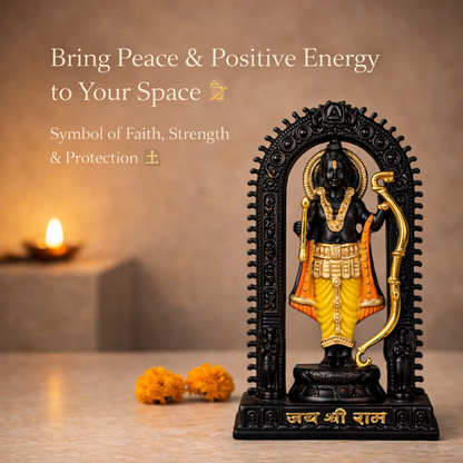 Shri Ram Idol with Bow Arch - 10 Inch Premium Resin Murti | Matte Black Finish with Gold & Red Accents
