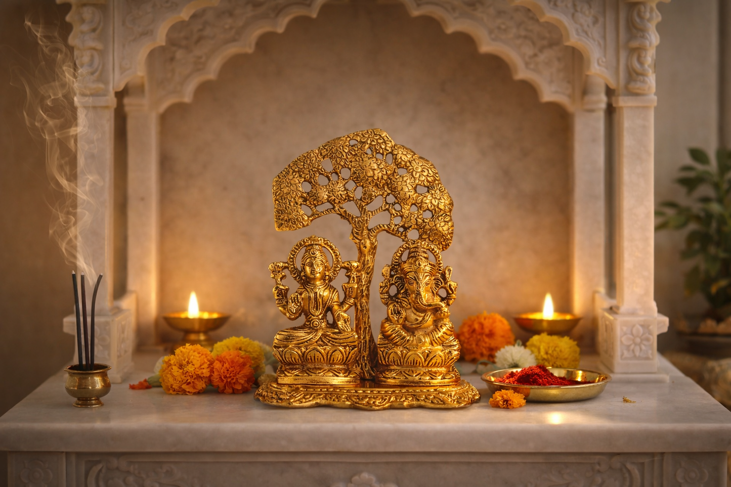 Lakshmi Ganesh Under Tree Idol – Golden Finish Vastu Spiritual Showpiece