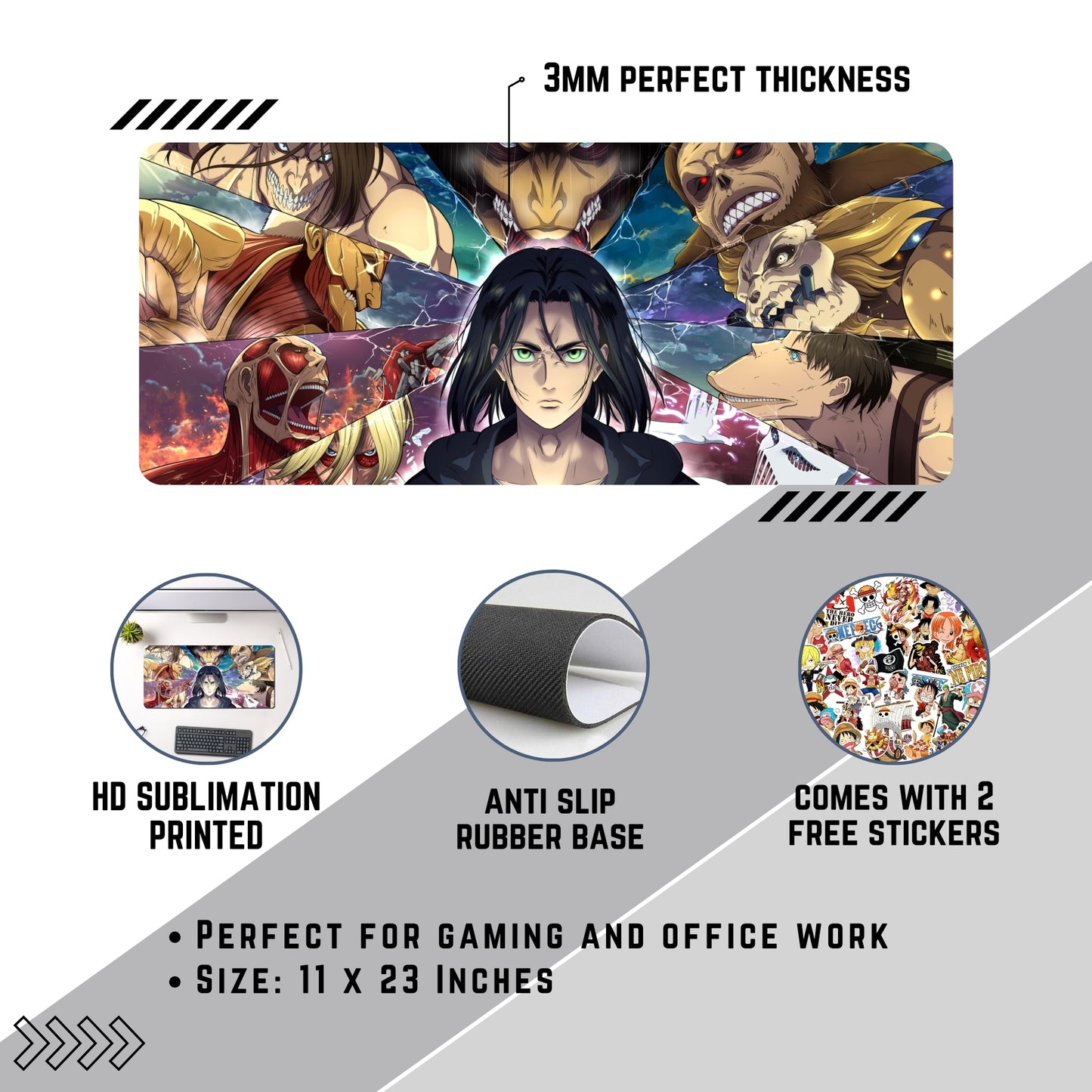 ATTACK ON TITAN - EREN YEAGER MOUSE PAD (23 X 11 INCHES) - GAMING MOUSE PAD | RUBBER BASE DESK MAT