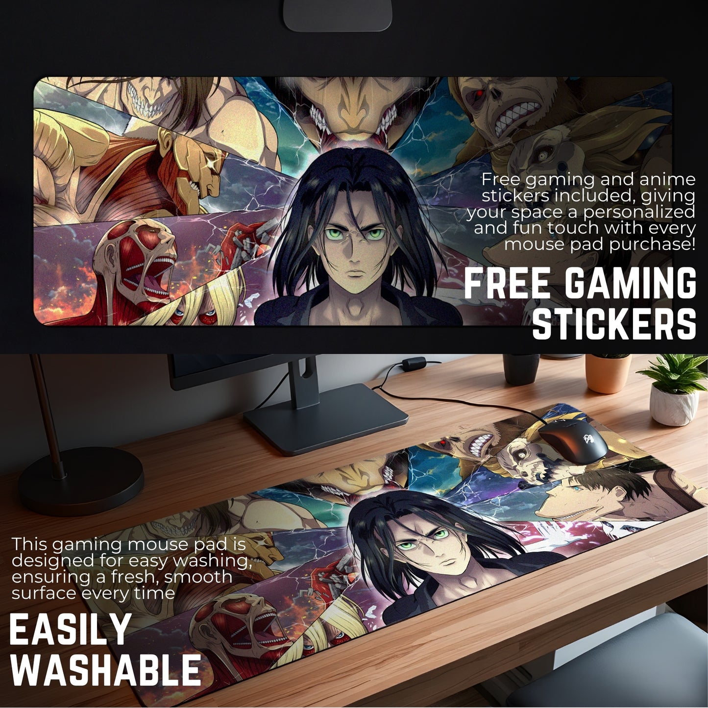 ATTACK ON TITAN ALL TITANS & EREN YEAGER DESK MAT (31 X 12 INCHES) - GAMING MOUSE PAD | RUBBER DESK MAT