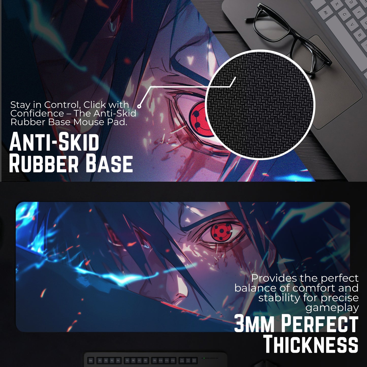 SASUKE UCHIHA SHARINGAN EYE DESK MAT (31 X 12 INCHES) - GAMING MOUSE PAD | RUBBER BASE DESK MAT
