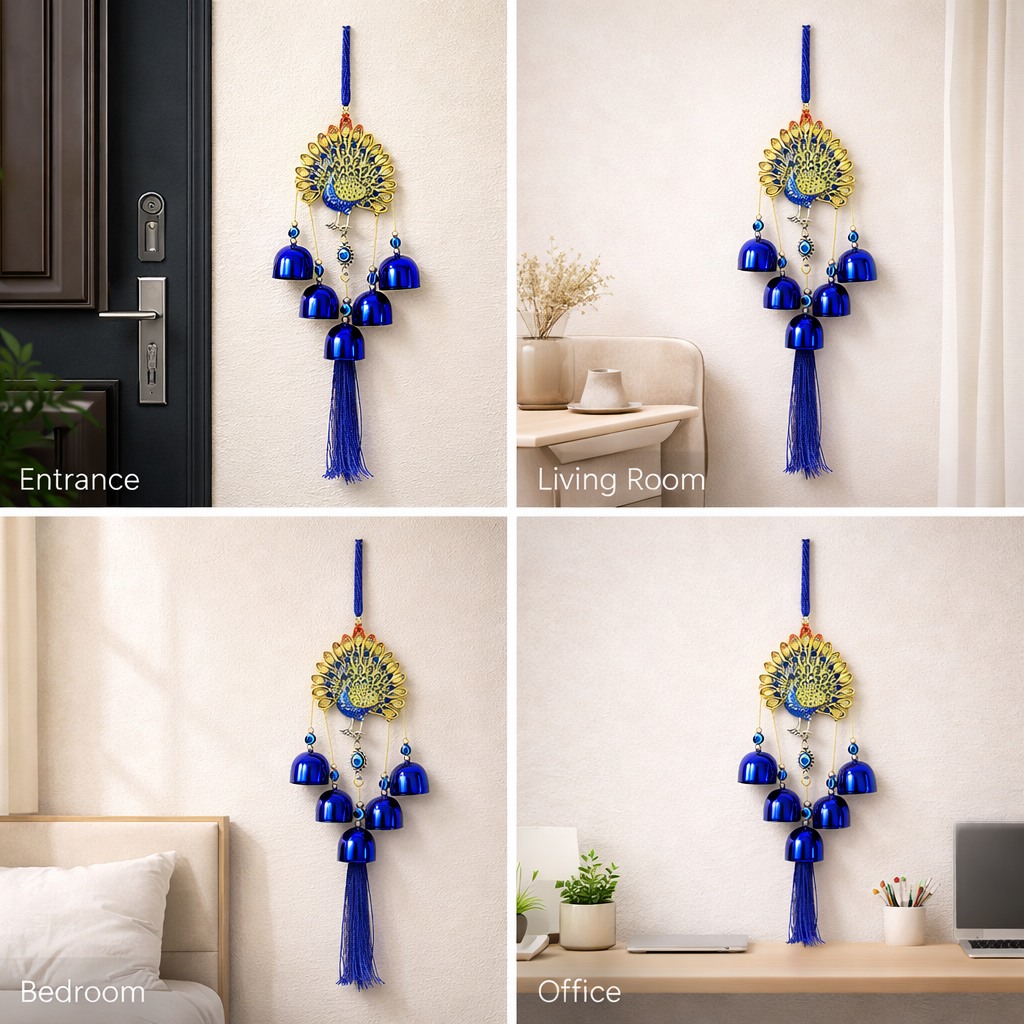Peacock Evil Eye Hanging with Bells – Blue Nazar Protection Wall & Door Decor | Vastu Home Decoration