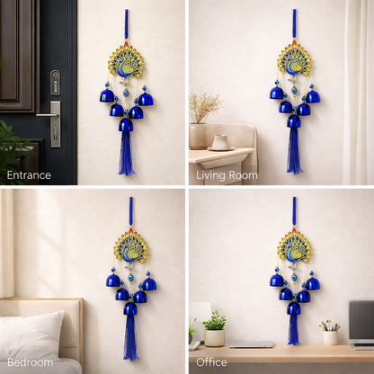 Peacock Evil Eye Hanging with Bells – Blue Nazar Protection Wall & Door Decor | Vastu Home Decoration