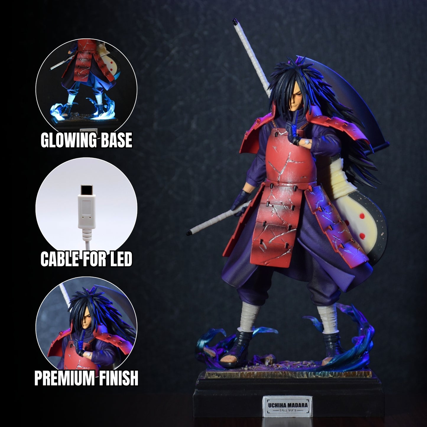 MADARA UCHIHA ACTION FIGURE WITH LED BASE | COMES WITH C TYPE CABLE FOR LED | (32 CM HEIGHT) - NARUTO