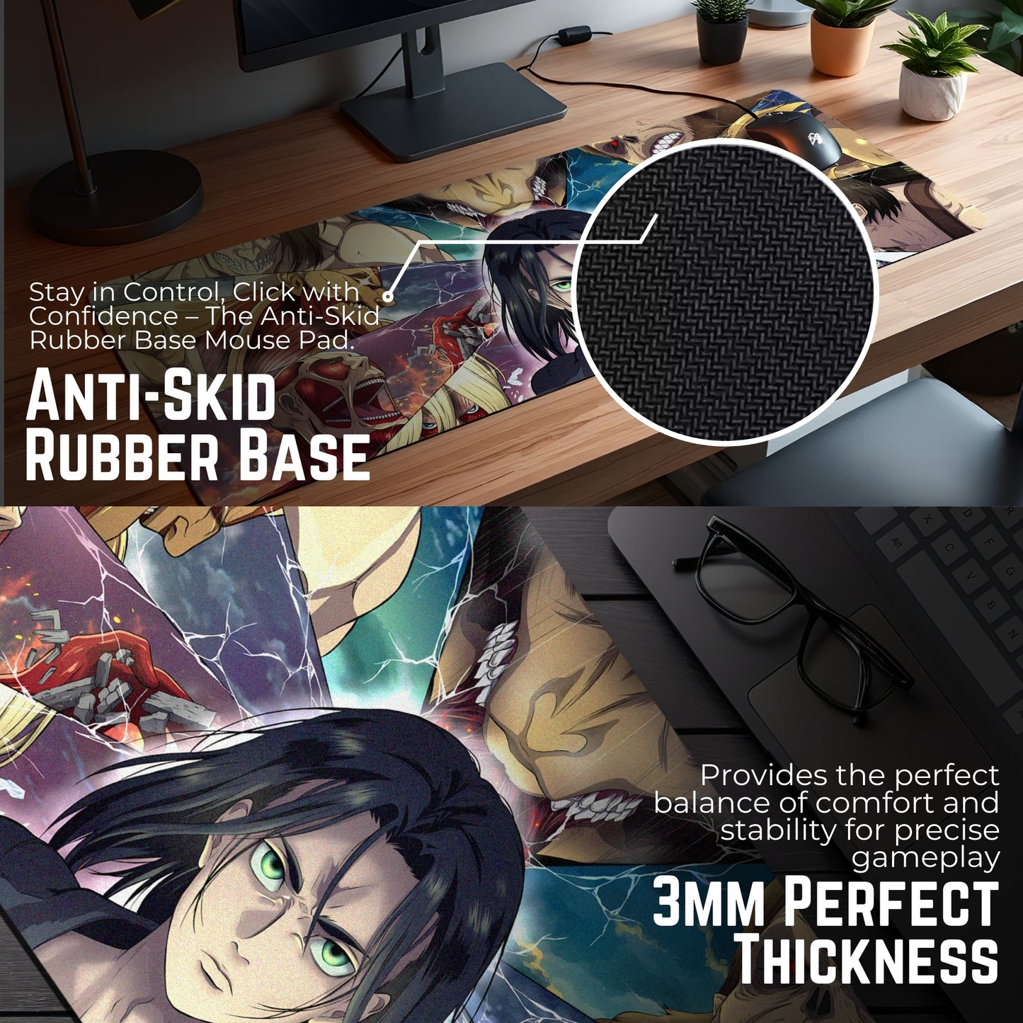 ATTACK ON TITAN ALL TITANS & EREN YEAGER DESK MAT (31 X 12 INCHES) - GAMING MOUSE PAD | RUBBER DESK MAT