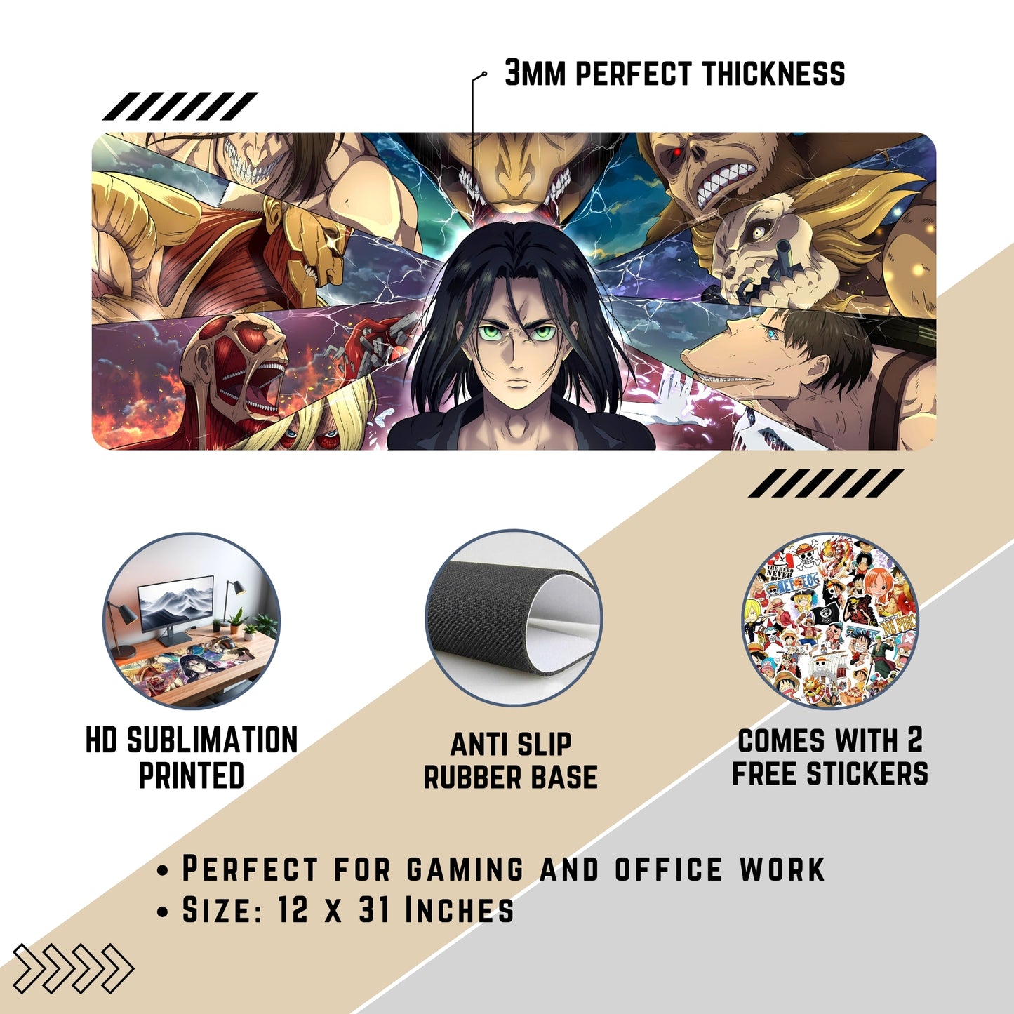 ATTACK ON TITAN ALL TITANS & EREN YEAGER DESK MAT (31 X 12 INCHES) - GAMING MOUSE PAD | RUBBER DESK MAT