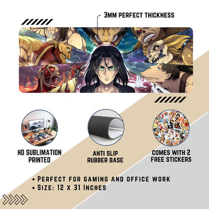ATTACK ON TITAN ALL TITANS & EREN YEAGER DESK MAT (31 X 12 INCHES) - GAMING MOUSE PAD | RUBBER DESK MAT