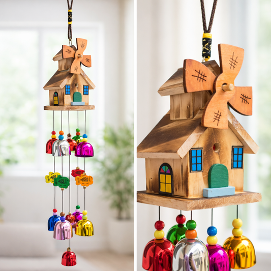 Wooden Windmill House Wind Chime – Colorful Hanging Bells for Home, Balcony & Garden Decor