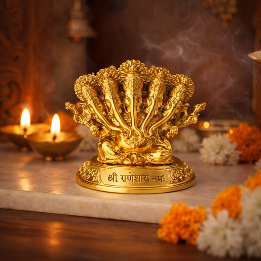 Panchmukhi Ganesh Idol – Golden Finish Decorative Ganpati Murti for Home, Office & Car Dashboard | Resin Spiritual Showpiece
